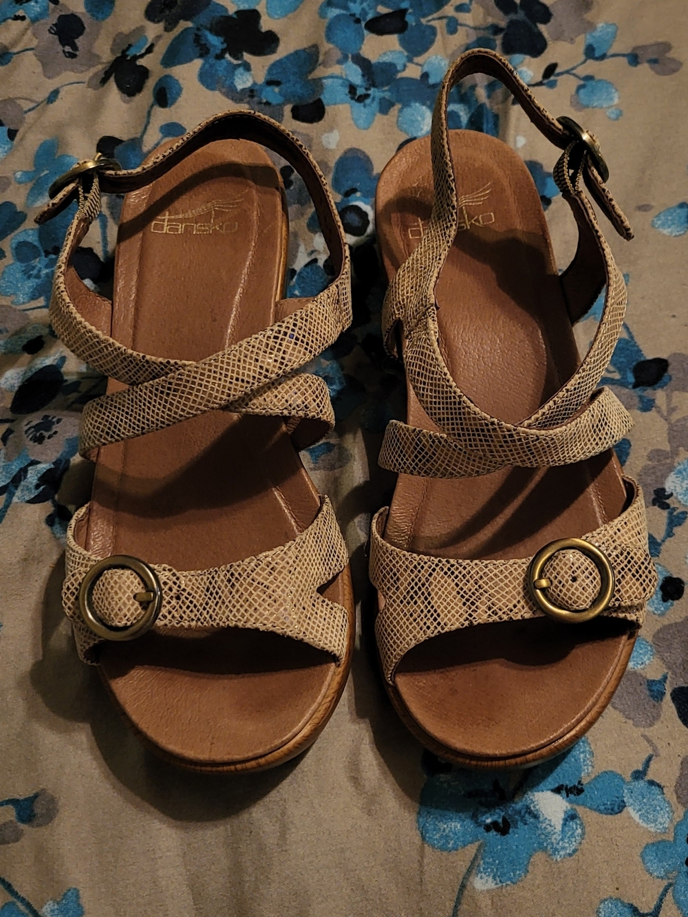 Dansko Beige Snake-Embossed Strappy Sandals with Gold Buckles